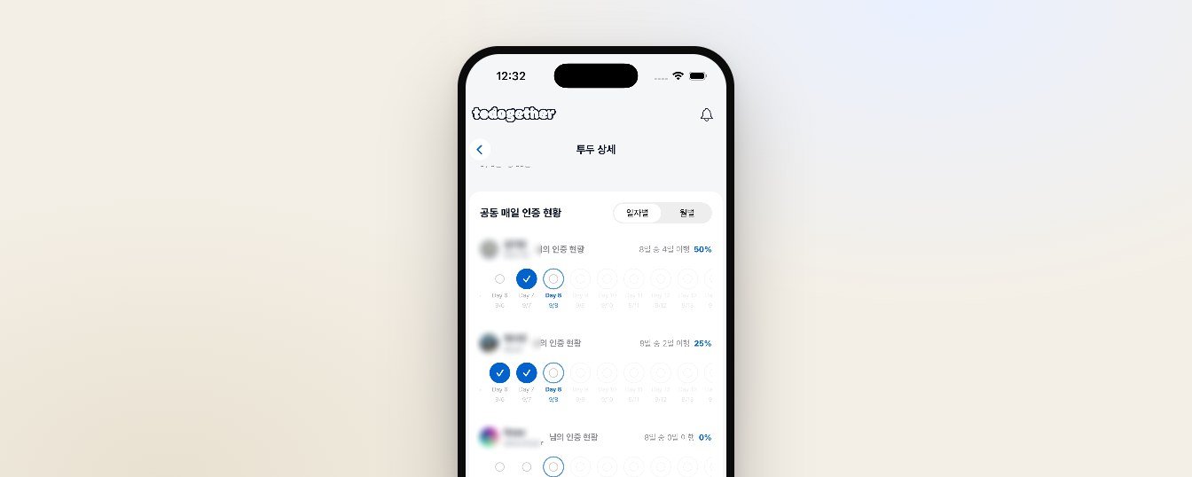 투두게더 앱 화면, 참가자별 공동 인증 현황을 요일별 체크 표시로 보여주는 스마트폰 목업